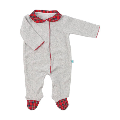 Adorable Baby Boy Grey Velour and Red Plaid Footie for Cozy Winter Days