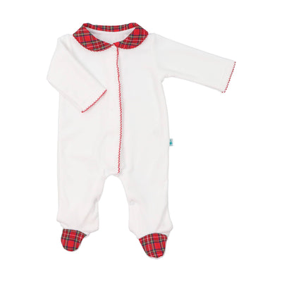 Adorable baby boy white velour footie with red plaid design