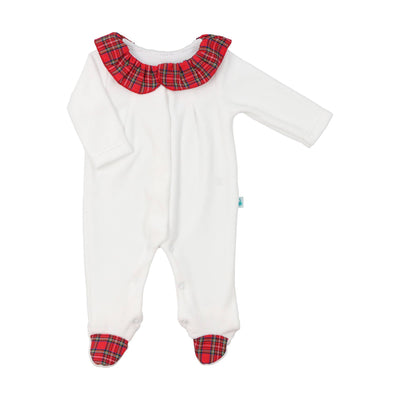 Adorable white velour footie with red plaid accents for babies