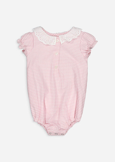 Adorable blush pink gingham romper with sweet ruffle details and a comfortable, stylish fit