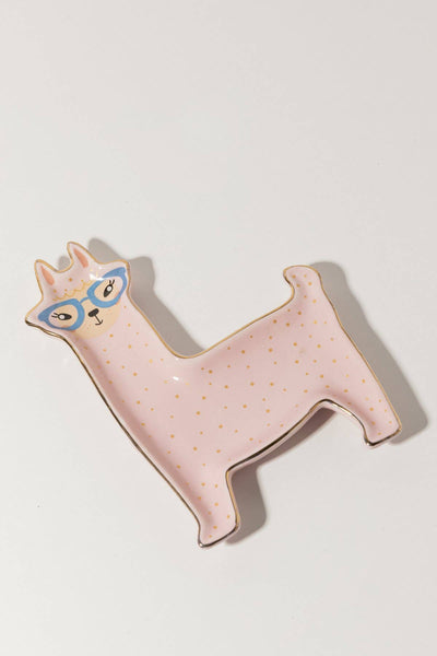 A detailed image of a pink llama tray, featuring adorable llama design