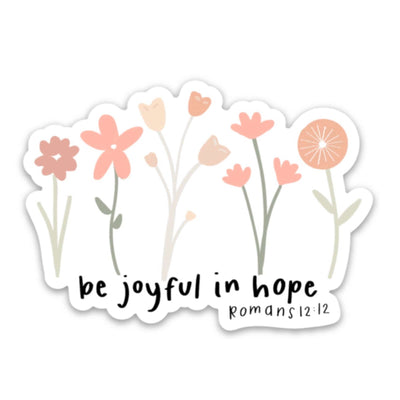 Romans 12:12 sticker with colorful floral design on white background