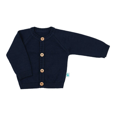 Cozy and stylish navy knit cardigan with button-up front and pockets