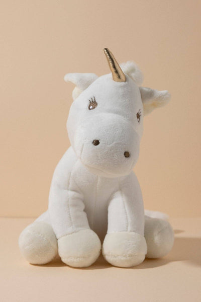 Soft and cuddly ivory unicorn plush toy with shiny golden horn and fluffy mane and tail