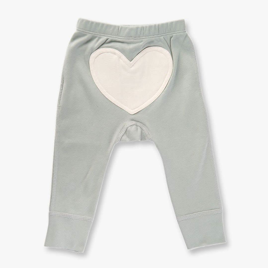 Dove grey baby pants with a heart on the back and elastic waistband with drawstring