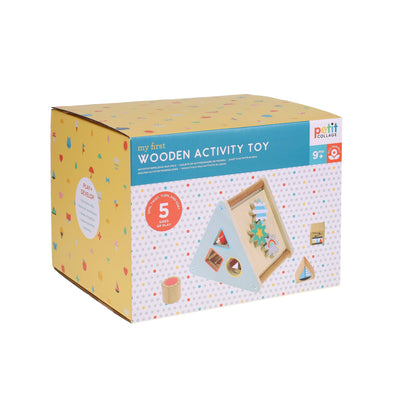 Colorful wooden activity toy with various shapes, numbers, and interactive elements for early childhood development and learning