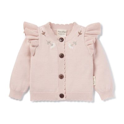 Blush ruffle knit cardigan with a cozy and stylish design