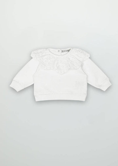 Adorable white baby eyelet ruffle sweater with soft fabric and delicate details