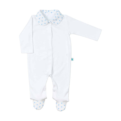 White Cotton + Blue Stars Footie, soft and cozy baby footie pajamas with adorable star pattern