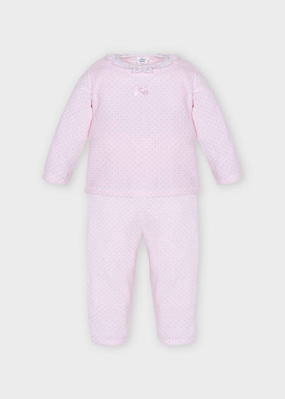 Stylish and comfortable two-piece set featuring a pink velour fabric with dotted design