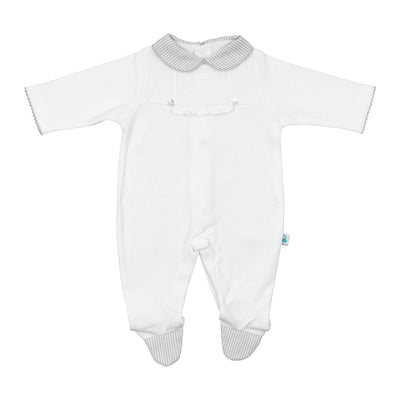 Organic cotton baby onesie with round collar and striped pattern for infants