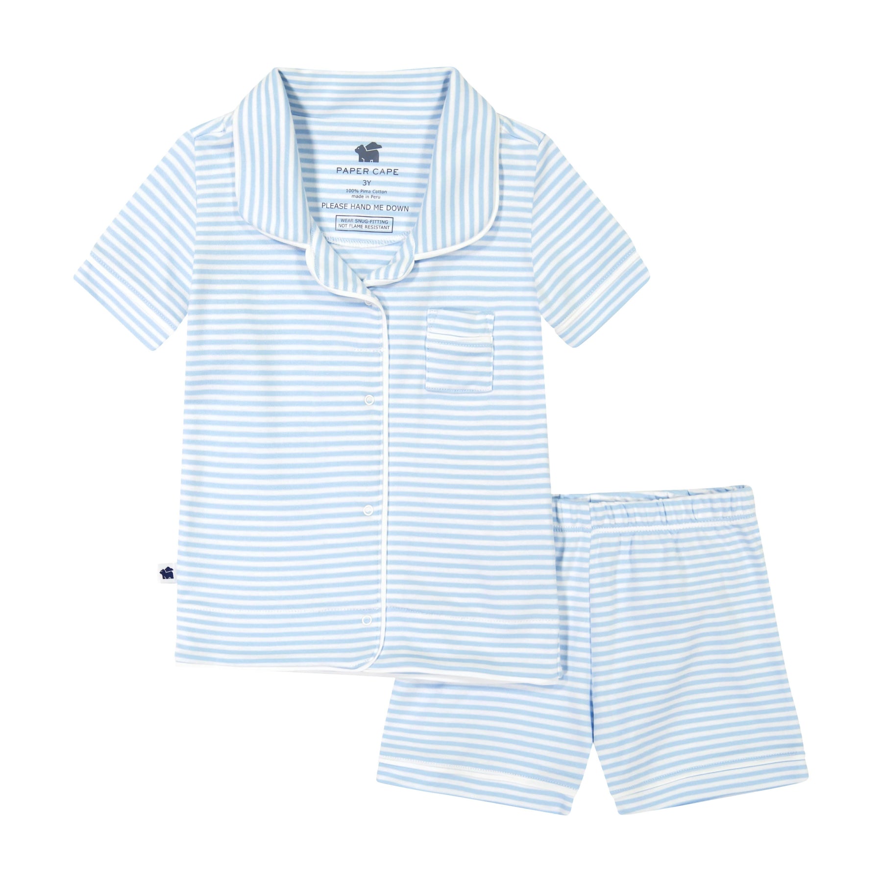 Blue striped pajamas made of soft Pima cotton with piping and lapels.