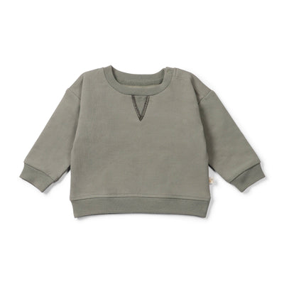 ###
A close-up image of a cozy olive organic cotton sweatshirt with a ribbed neckline and cuffs