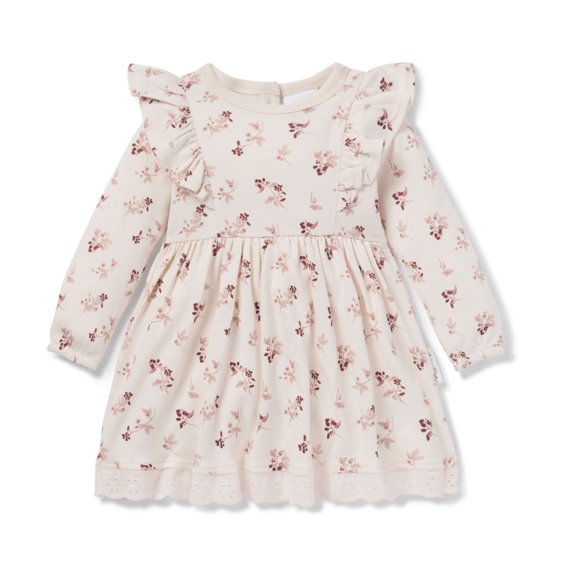 Berry ruffle girls dress with shoulder and skirt ruffles, faux wooden buttons, and berry print