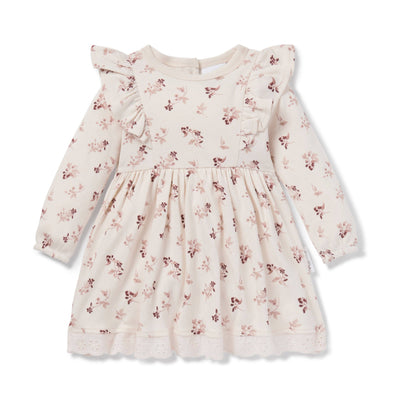 Adorable Berry Ruffle Girls Dress with Floral Print and Bow Detail