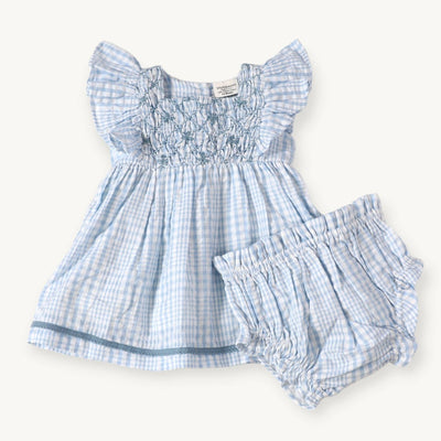 Blue Seersucker Organic Cotton Dress + Bloomer - LIV & Company