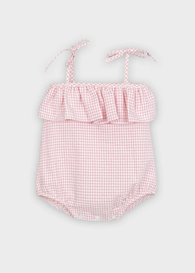 Pink and white gingham ruffle romper with spaghetti straps and tie waist