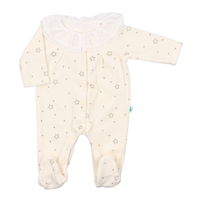 Adorable cream footie with star print design for babies and toddlers