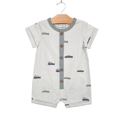 Car Printed Henley Romper - LIV & Company