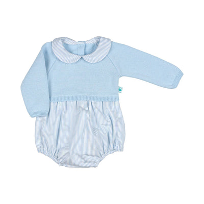 Adorable baby blue knitted romper with cute button details and cozy fabric