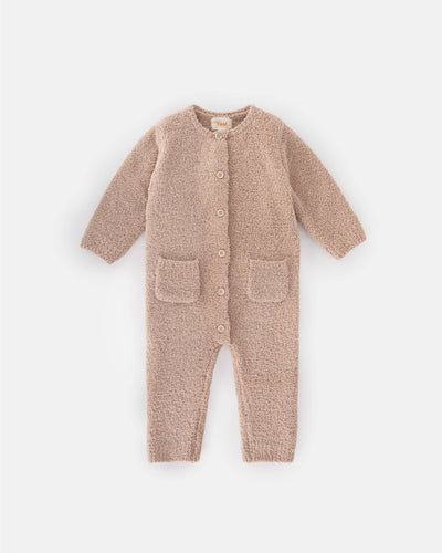 Fuzzy long sleeve romper in camel color for cozy winter wear