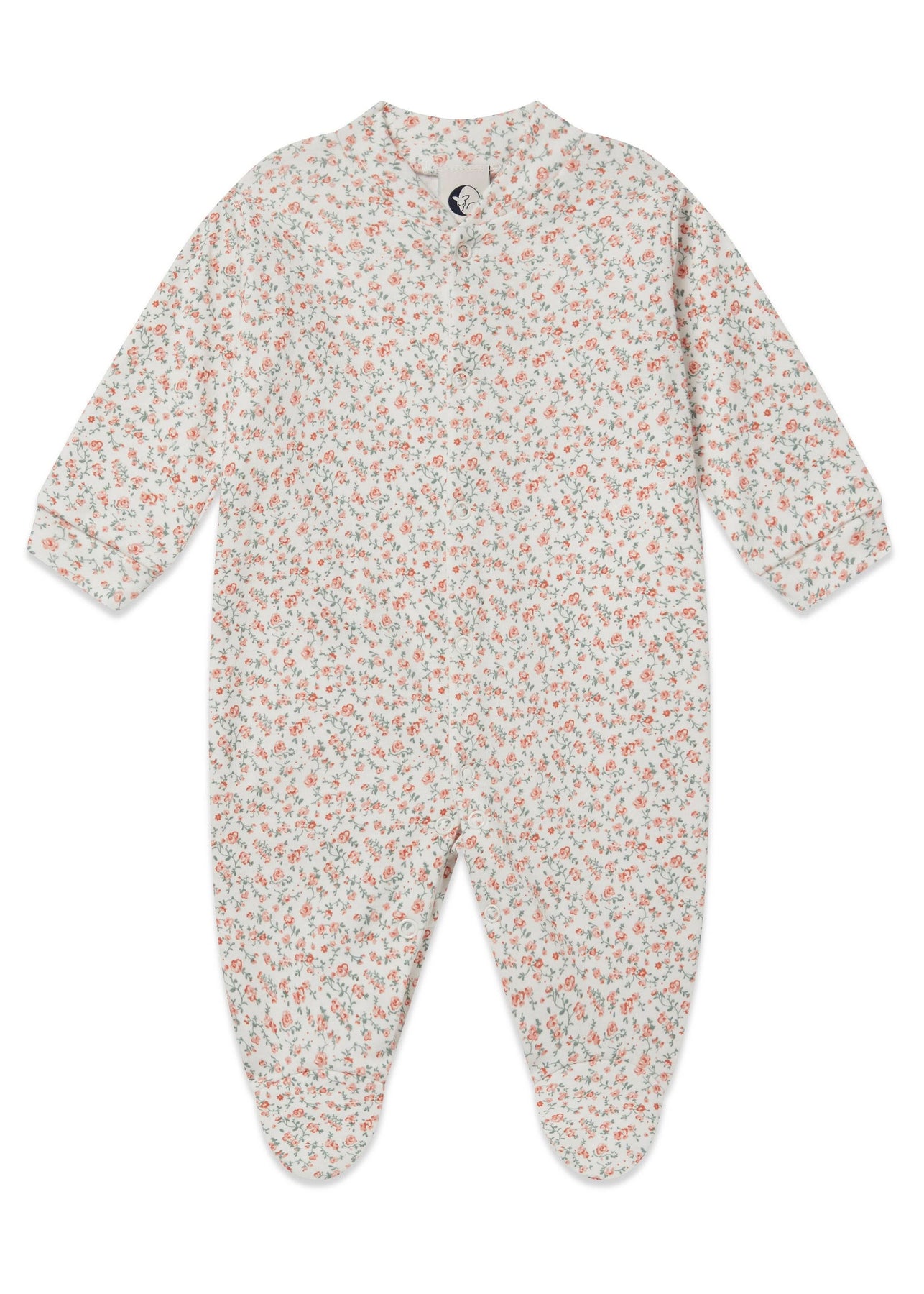 Baby girl's footie in organic cotton with a hand-drawn rose floral print and snap buttons.