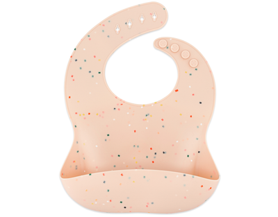 Silicone bib in stylish guava confetti print for messy meal times