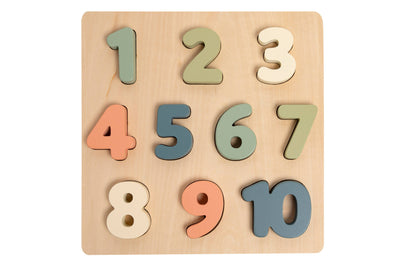 Colorful wooden numbers puzzle with different shapes and sizes for kids