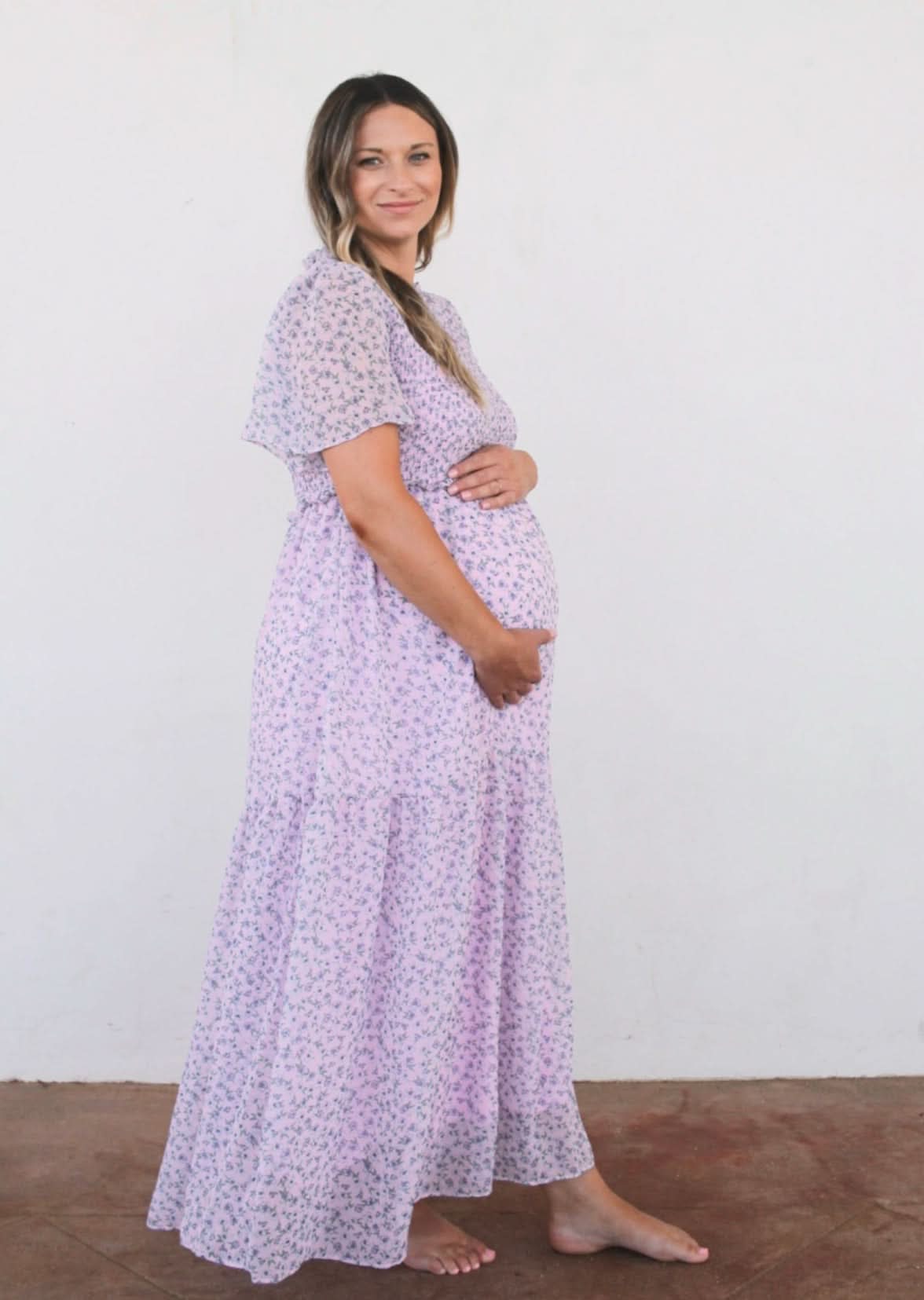LIV & Co Lilac Floral Maternity Chiffon Gown | Classic Baby Shower Style LIV & Co Lilac Floral Maternity Chiffon Gown | Classic Baby Shower Style