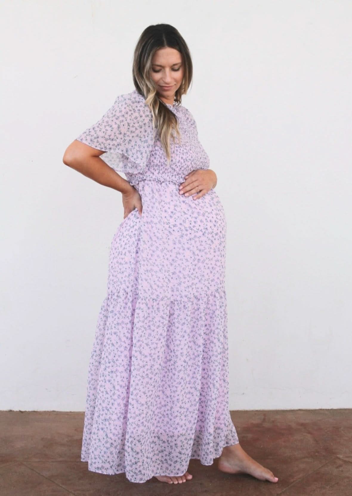 LIV & Co Lilac Floral Maternity Chiffon Gown | Classic Baby Shower Style LIV & Co Lilac Floral Maternity Chiffon Gown | Classic Baby Shower Style