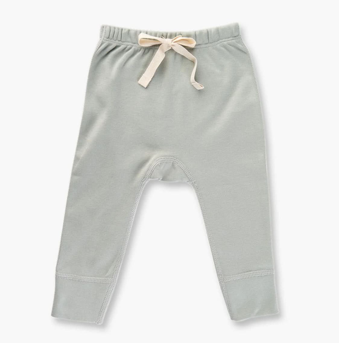 Dove grey baby pants with a heart design and adjustable elastic waist for comfort.