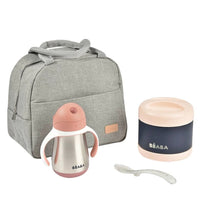 Blush pink meal set with insulated food jar, sippy cup, lunch box, and toddler spoon.