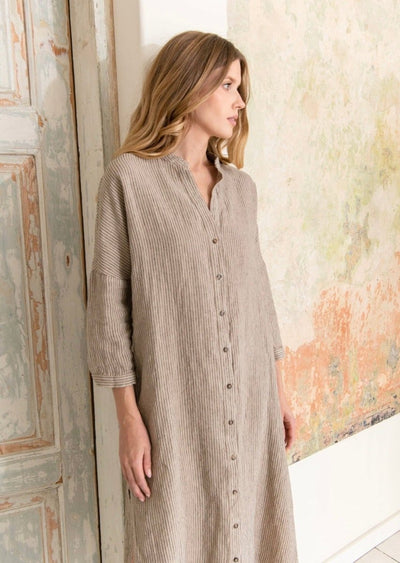 Linen Maxi Dress - Almond Stripes - LIV & Company