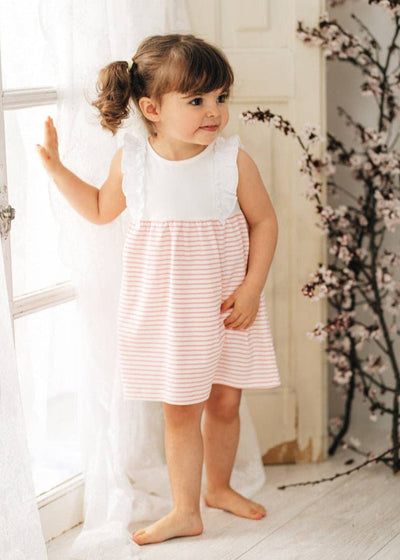 White and Blush Pink Striped Ruffle Dress + Bloomer - LIV & Company