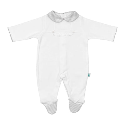 White Cotton + Grey Stripes Footie - LIV & Company